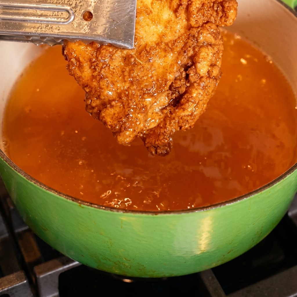 Ein goldbraunes Hähnchenfilet wird mit einer Zange in die rote Geheimsoße getaucht.
