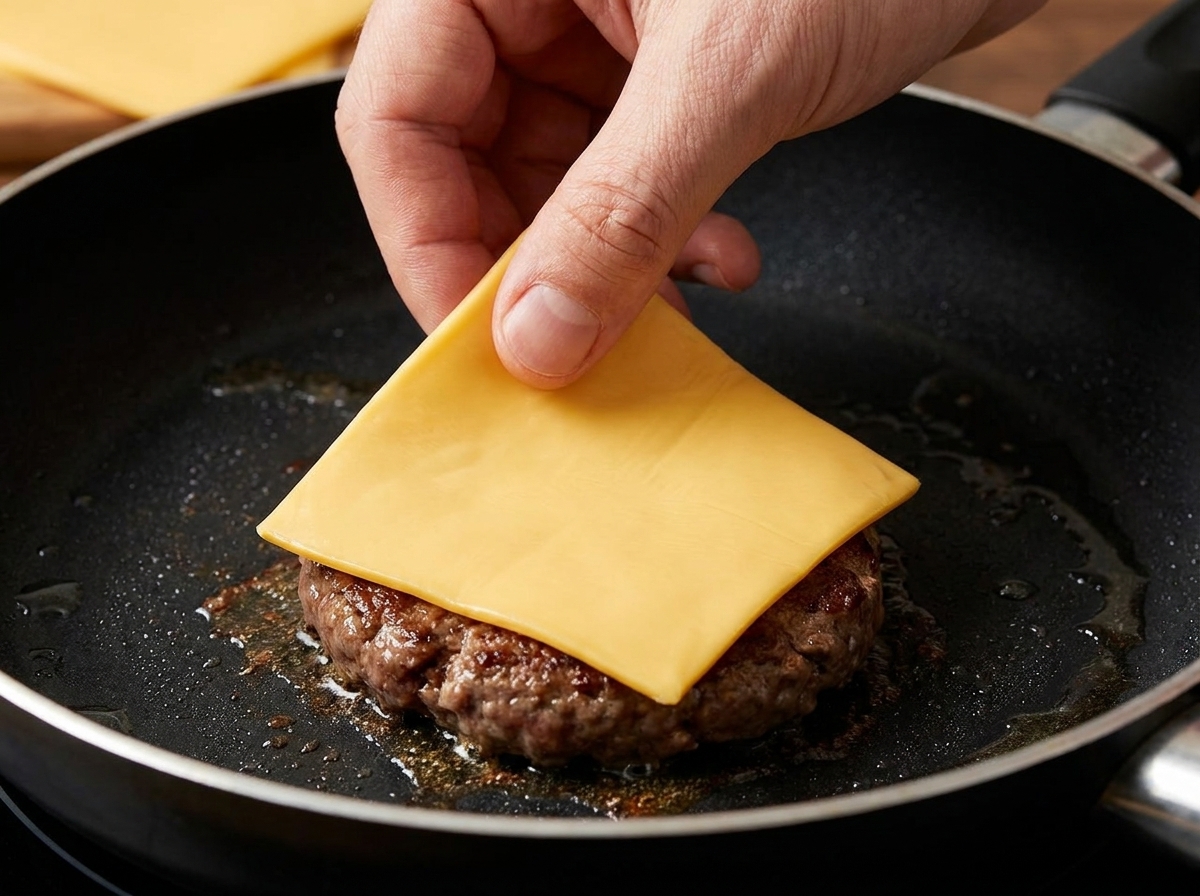 Ein rohes, rundes Rinderpatty wird in eine heiße, leere Pfanne gelegt.