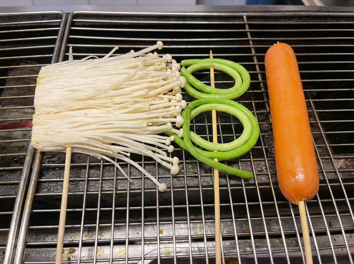 Enoki-Pilze, gebundener Knoblauch-Schnittlauch und eine Wurst garen auf einem Grillrost.