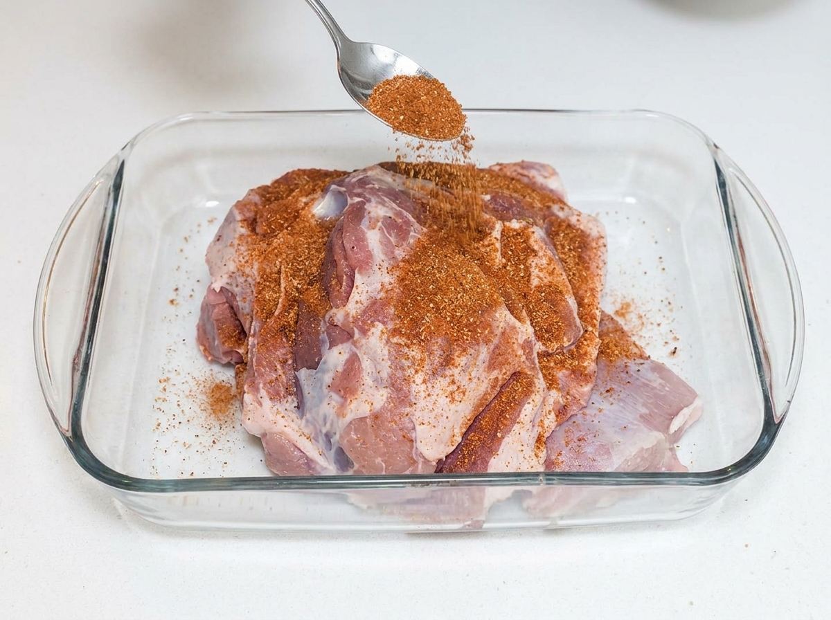 Trockengewürze werden über die rohe Schweineschulter in einer Glasform gestreut.