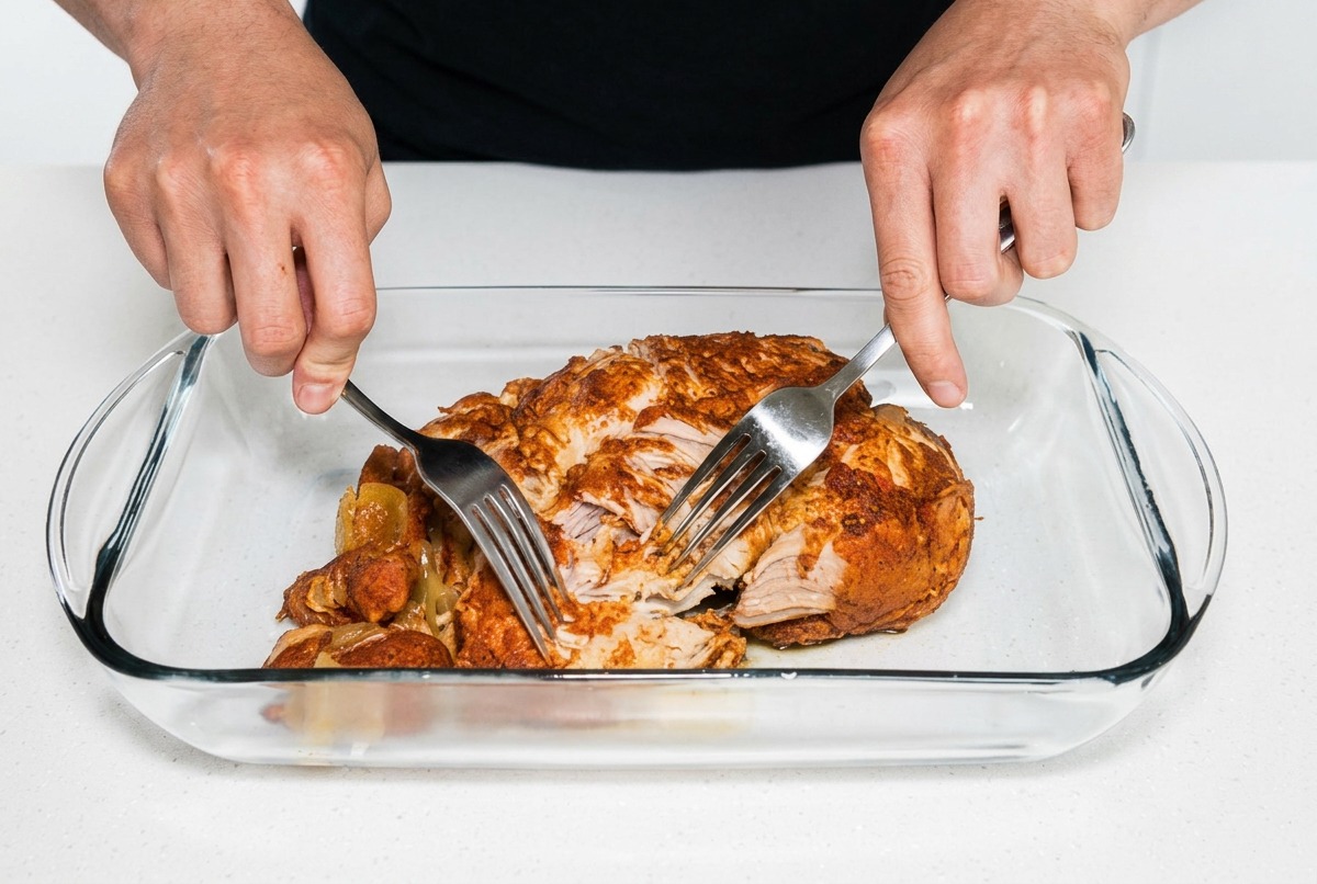 Gegarte Schweineschulter wird in einer Glasschale mit zwei Gabeln zerzupft.