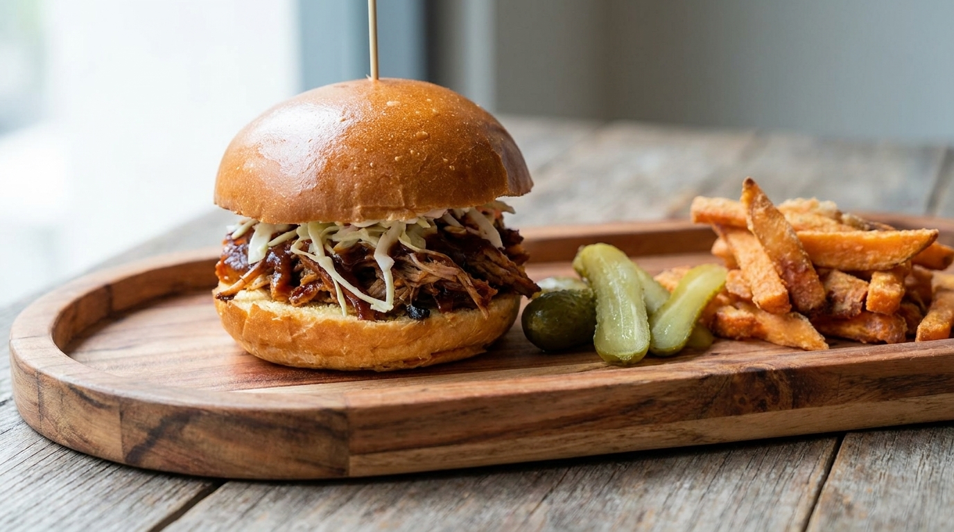 Ein herzhafter Pulled-Pork-Burger mit BBQ-Sauce und Krautsalat, serviert mit Süßkartoffelpommes und Gewürzgurken.