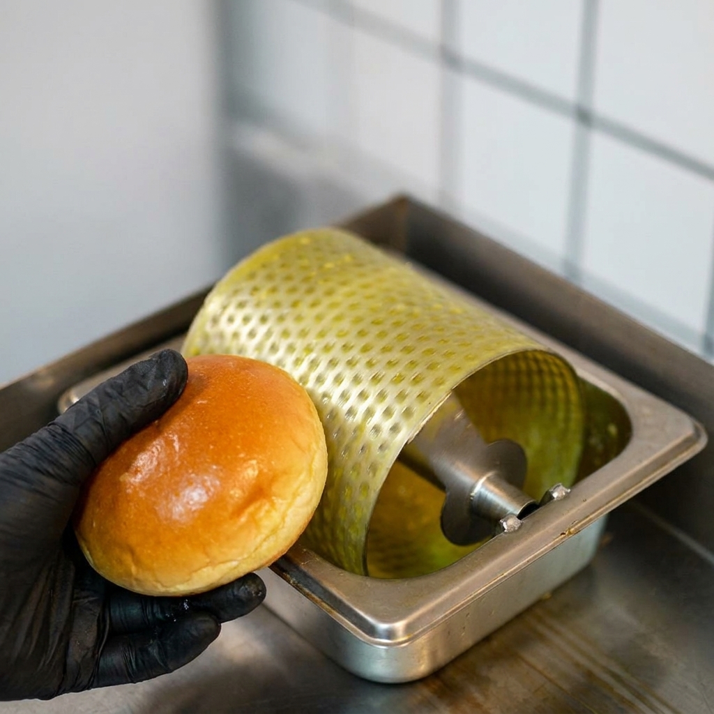 Goldbraun geröstete Brioche-Brötchenhälften auf einer heißen Grillplatte.