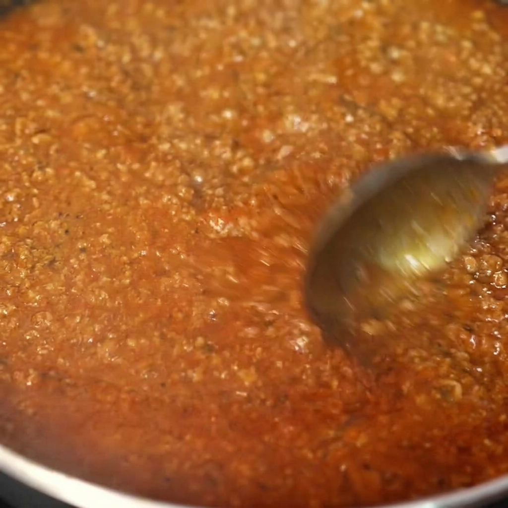 Eine reichhaltige, stückige mexikanische Chili-Fleischsoße, die über das Rindfleisch-Patty geschöpft wird.