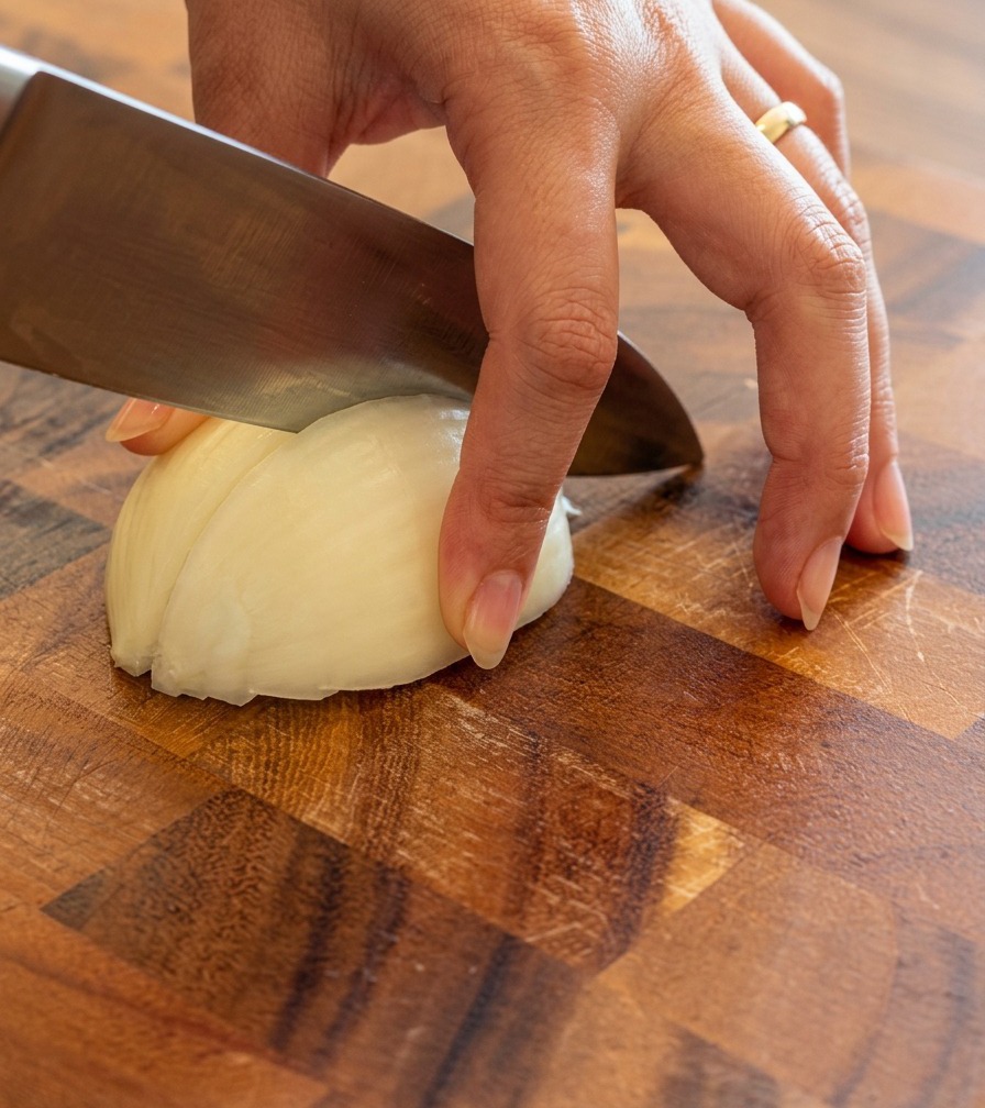 Fein gewürfelte weiße Zwiebelstücke auf einem Holzschneidebrett.