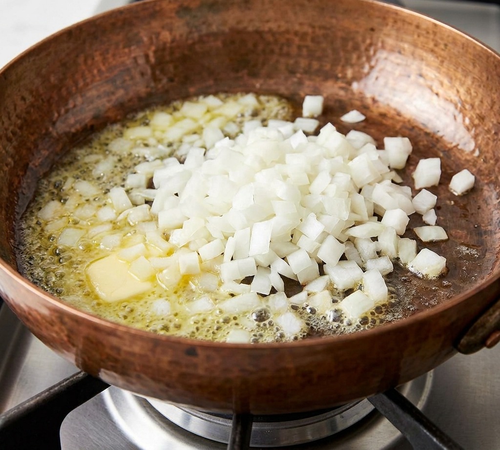 Minzige Zwiebelwürfel in einer Kupferpfanne mit schmelzender Butter.