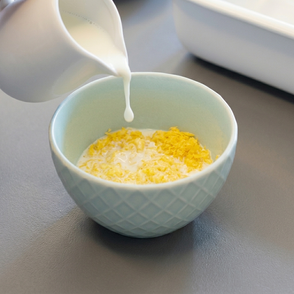 Milch wird in eine Schüssel mit trockenen Semmelbröseln gegossen.
