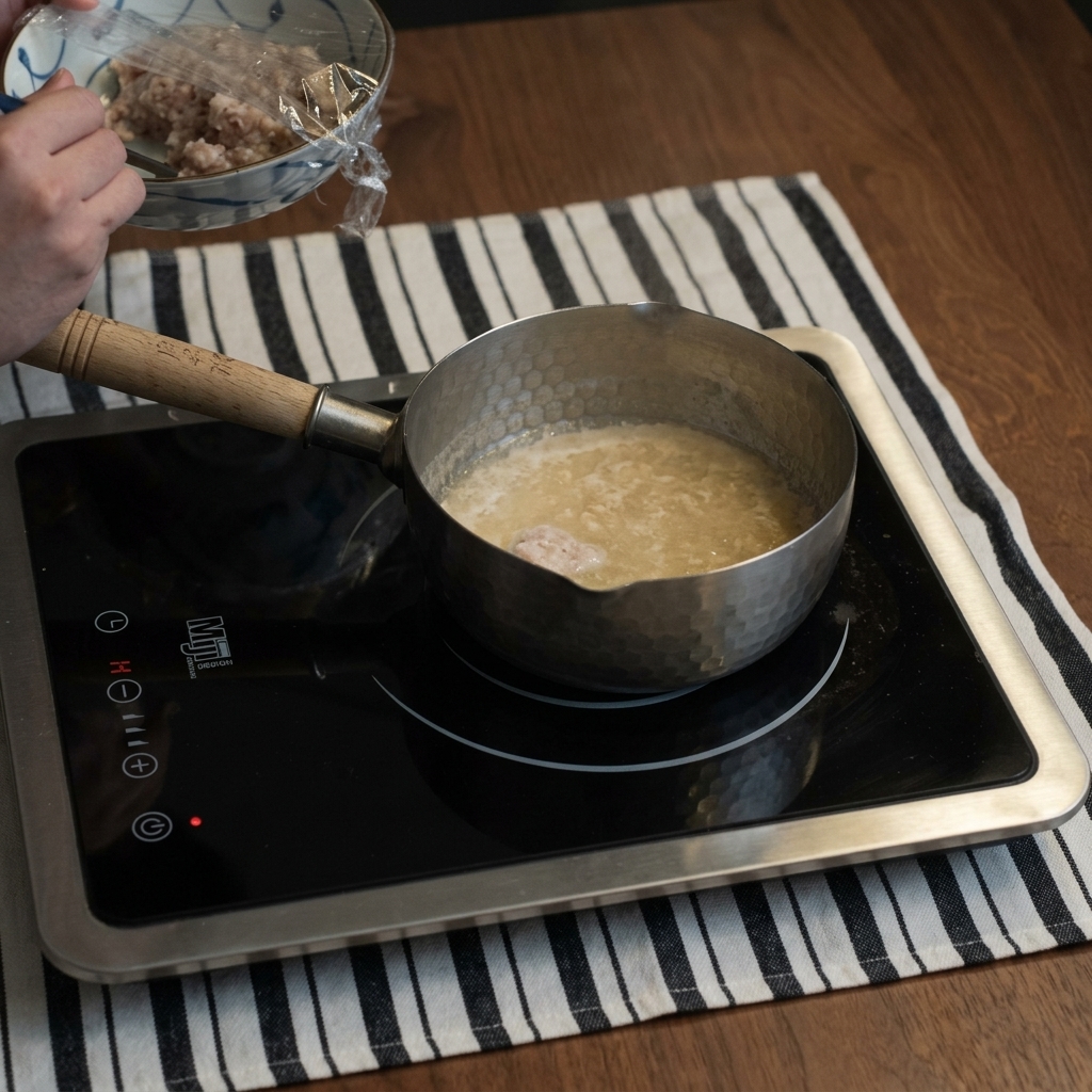 Rindfleisch-Pattys schmoren in einer dicken, glänzenden Sauce in der Pfanne.