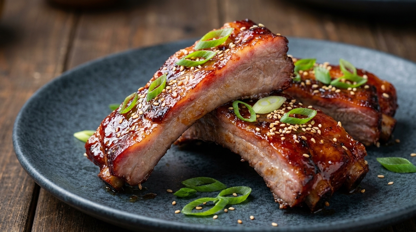 Saftige geräucherte Char Siu Schweinerippchen mit einer glänzenden, rotbraunen Glasur, garniert mit geröstetem Sesam und frischen Frühlingszwiebeln.