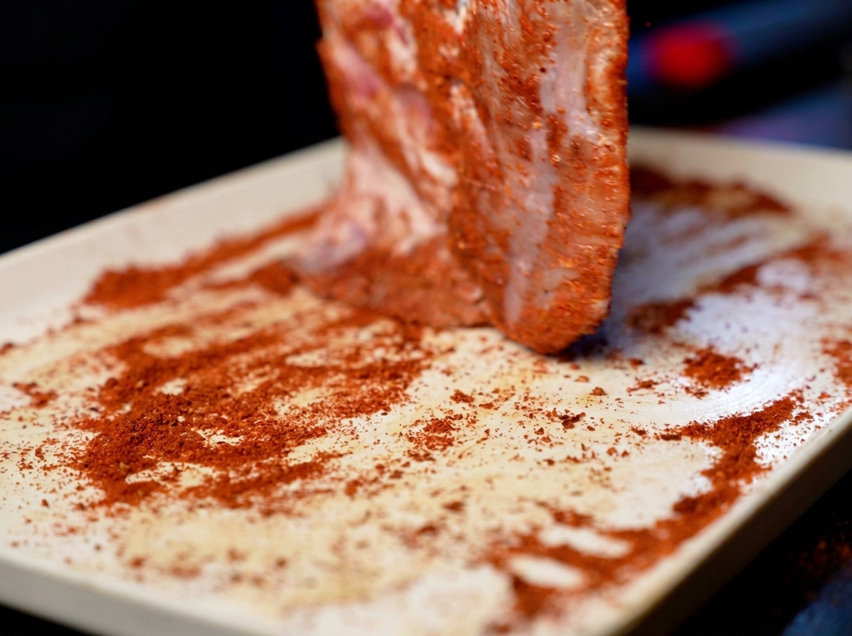 Ein mit einer roten Gewürzmischung überzogenes Stück Schweinefleisch wird von einem weißen Tablett gehoben.