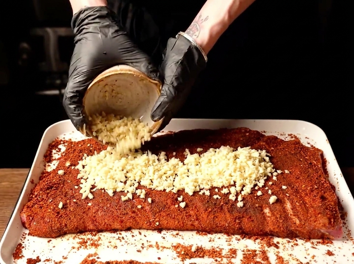 Behandschuhte Hände verteilen gehackten Knoblauch über rot gewürzte Schweinerippchen.