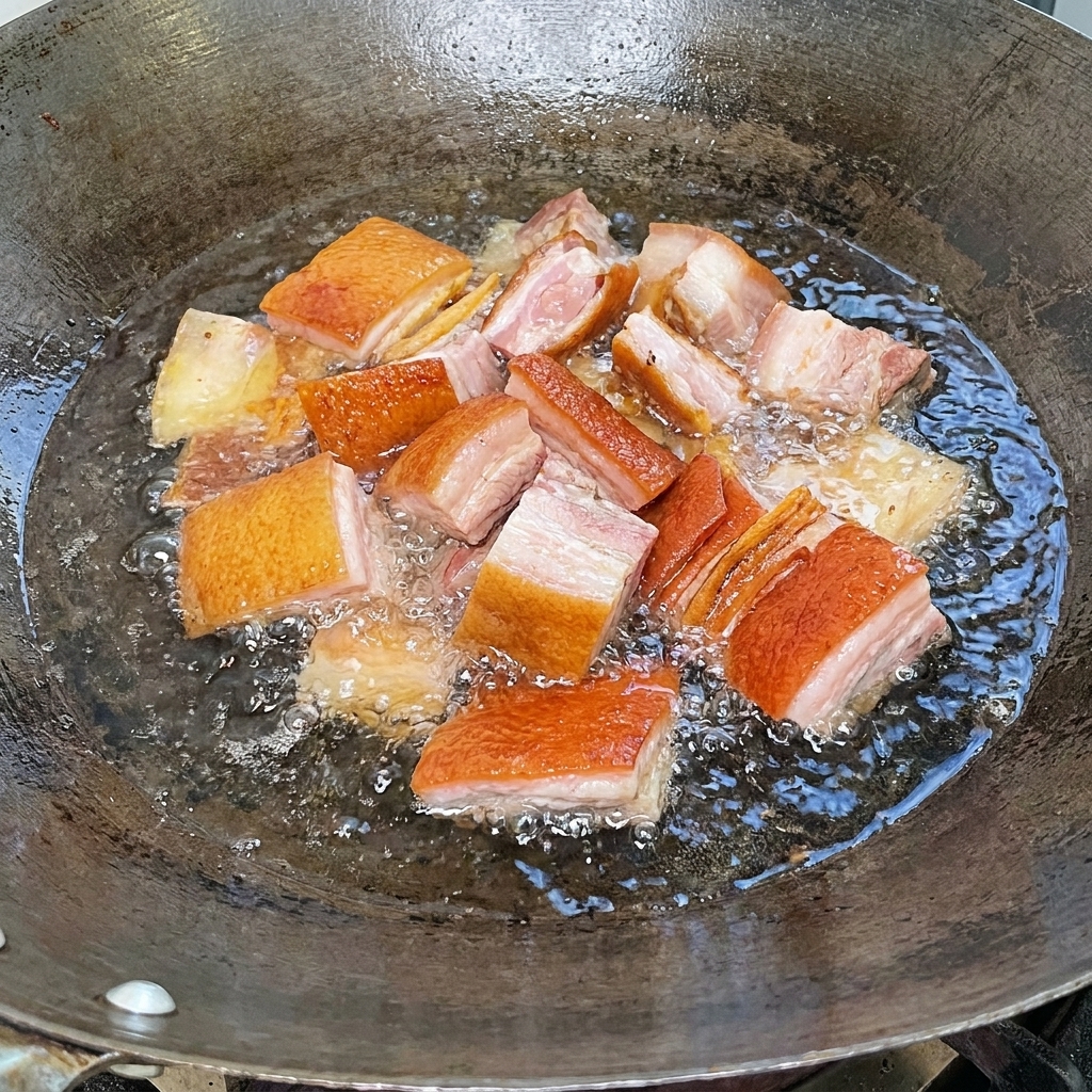 Geräucherte Rippchenstücke werden in kochendem Wasser in einem großen Wok blanchiert.