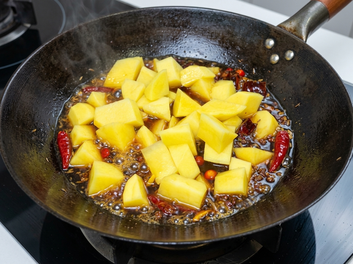 Frisch geschnittene Kartoffelstücke werden in einen köchelnden Wok mit Rippchen und würziger Brühe gegeben.