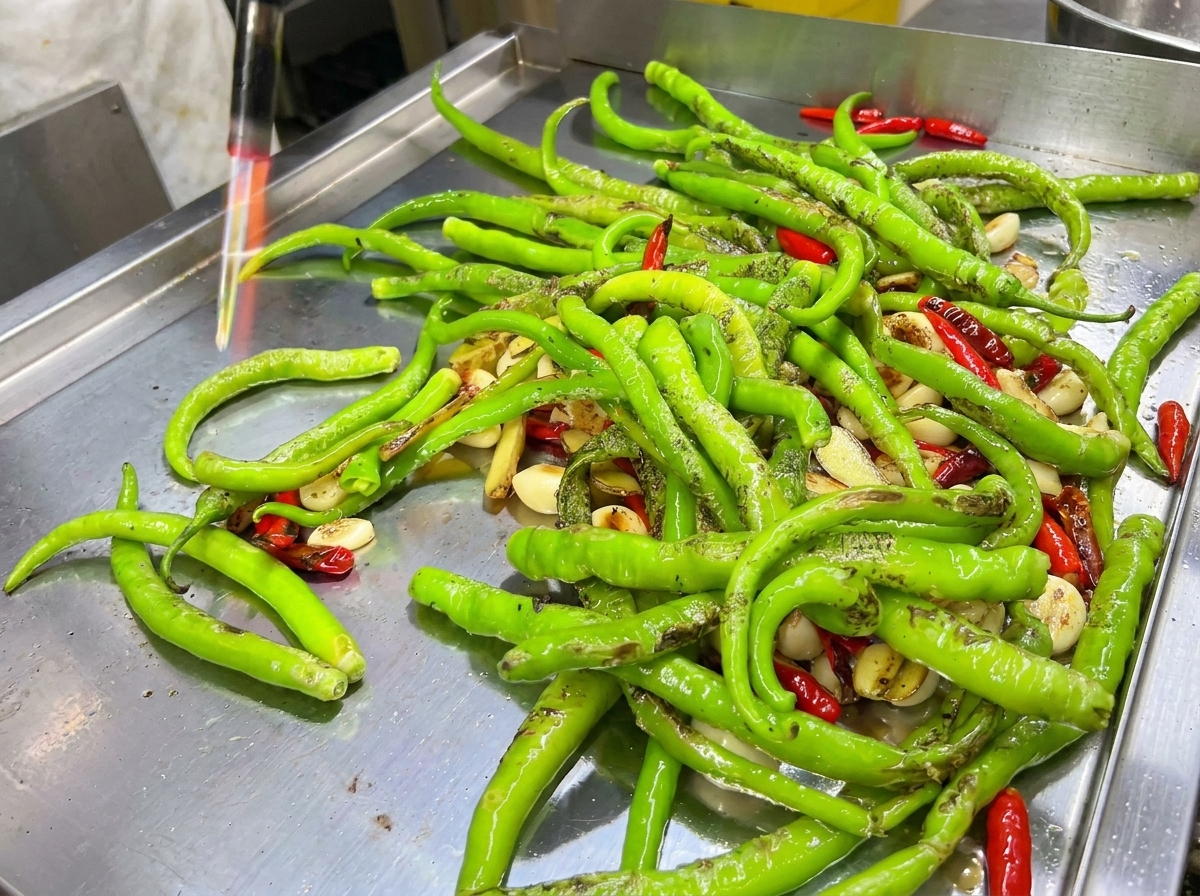 Ein großer Haufen roter und grüner Chilischoten auf der heißen Grillplatte neben dem Knoblauch.