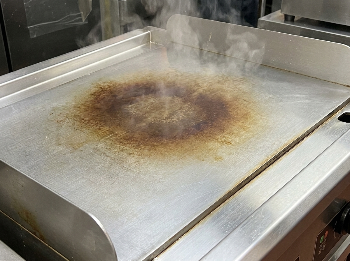 Ein Metallspachtel vermischt die gewürzte Chili-Ingwer-Mischung auf der heißen Grillplatte.