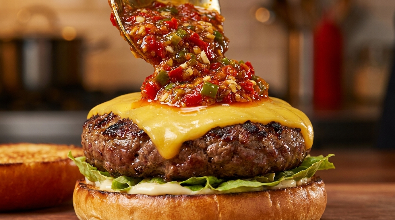 Ein Gourmet-Rindfleischburger, gekrönt von einer feurigen, feuergerösteten Chili-Sauce und geschmolzenem Käse.