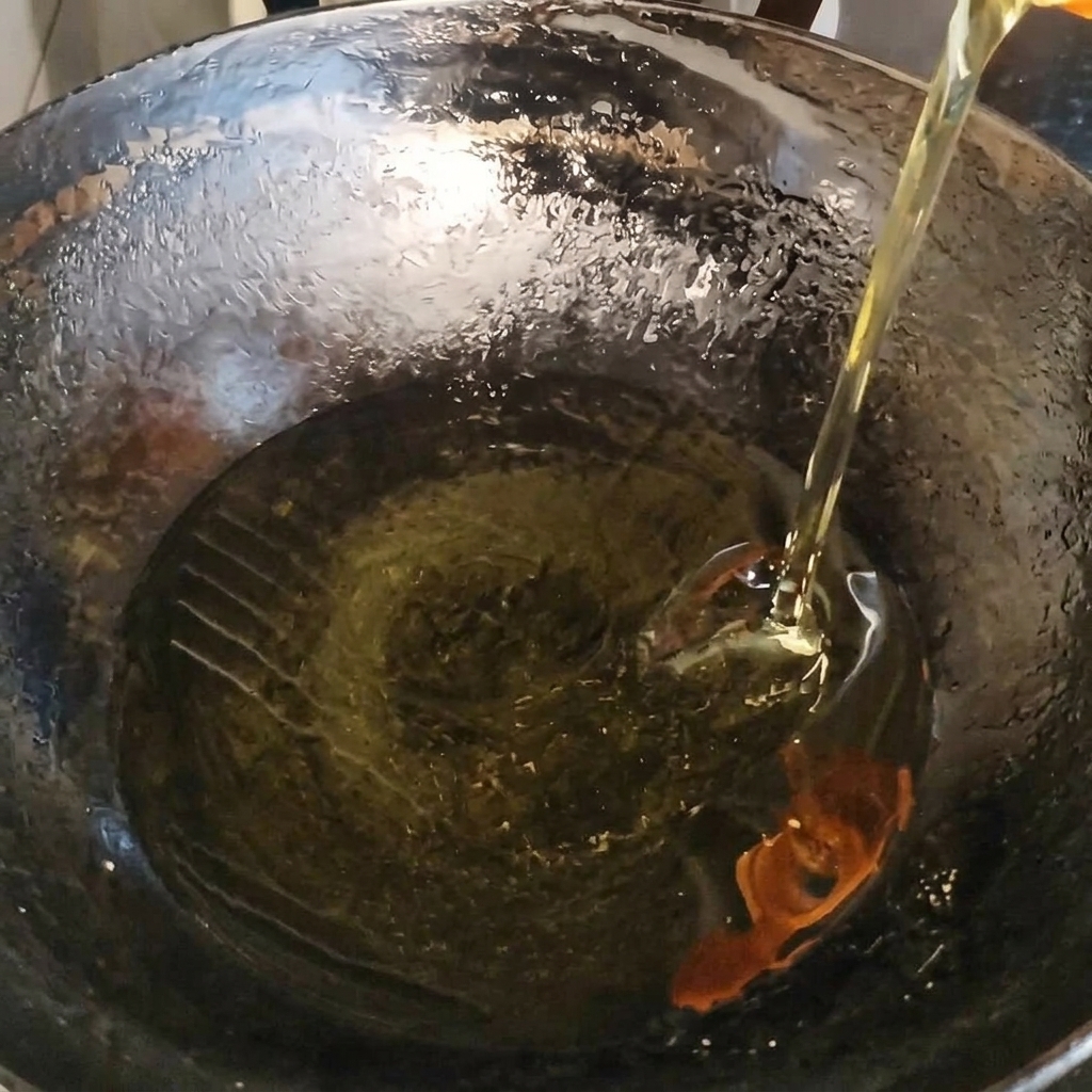 Gehackter Knoblauch trifft auf das heiße Öl im Wok und beginnt zu brutzeln.