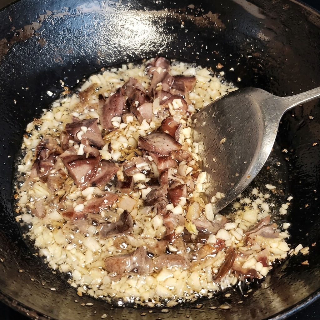 Rindfleisch und Knoblauch werden in einem Wok mit einem Pfannenwender gebraten, das Öl wirft deutlich Blasen um die Zutaten.