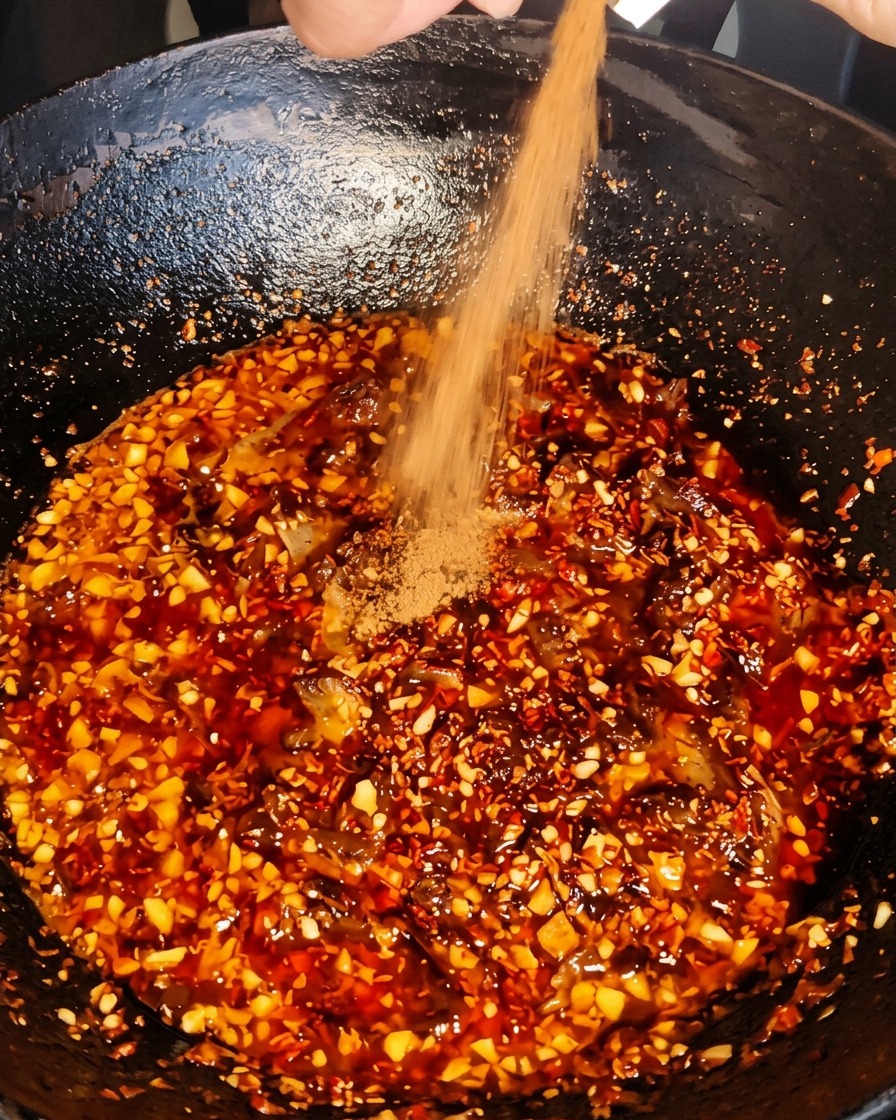 Trockenes Gewürzpulver wird zur köchelnden Rindfleisch-Chili-Mischung im Wok gegeben.