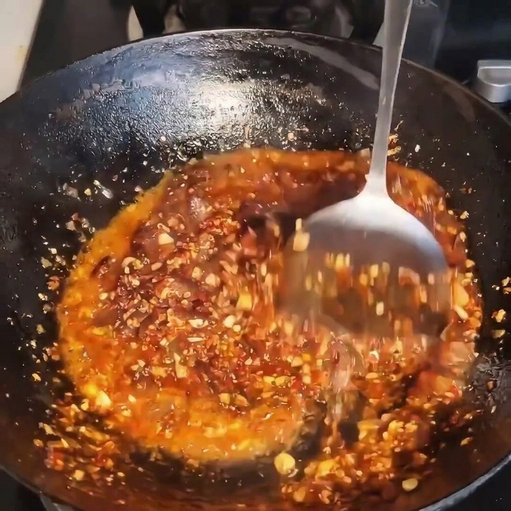 Ein Pfannenwender aus Metall rührt eine leuchtend rote, ölige Chili-Rindfleisch-Sauce in einem gut eingebrannten Wok.