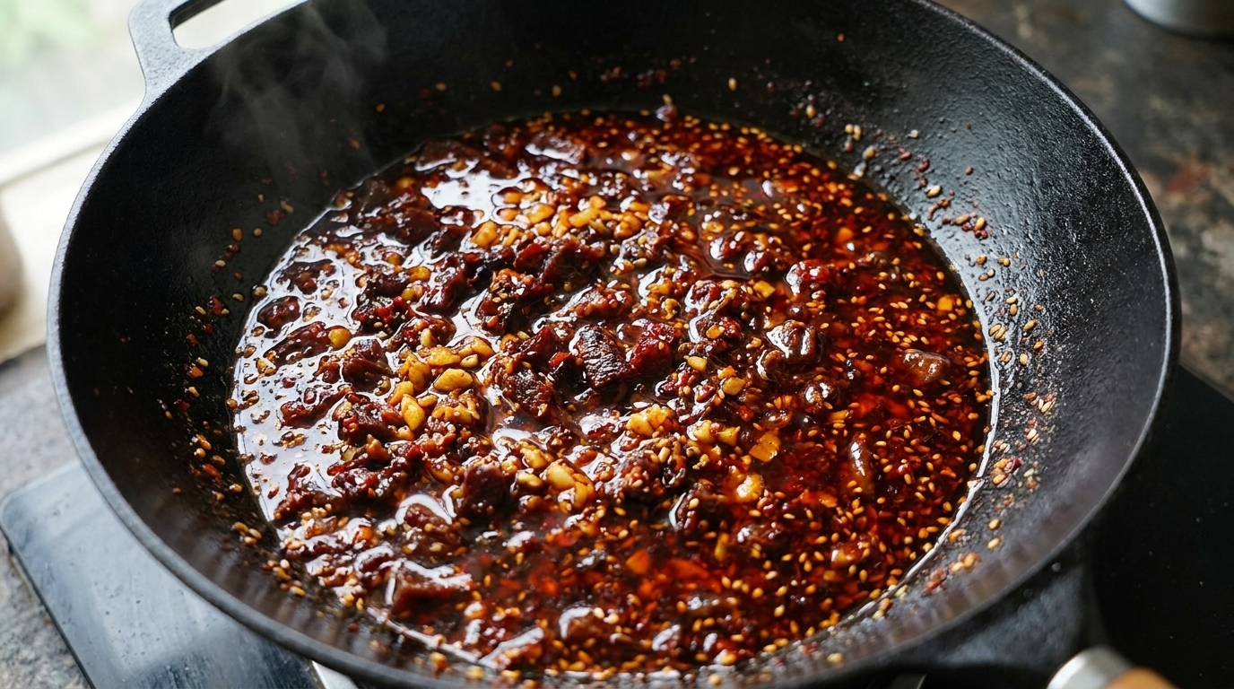 Scharfe Chili-Sauce mit Pökelfleisch