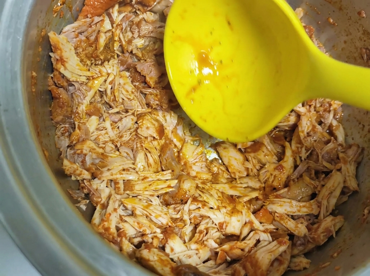 Vollständig gegartes, gezupftes Schweinefleisch wird in einem großen Topf mit einer gelben Kelle gerührt.