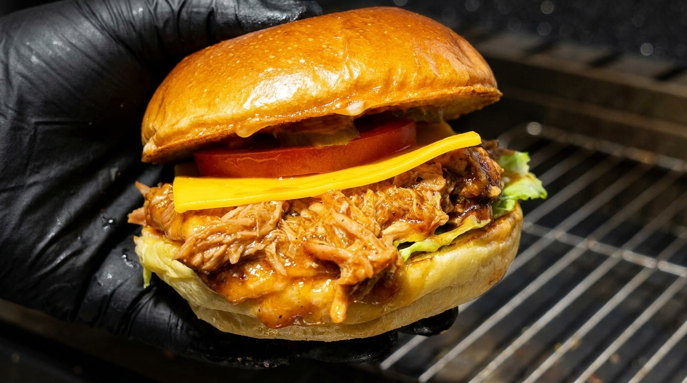 Ein herzhafter BBQ Pulled Pork Burger mit zartem, gezupftem Fleisch, geschmolzenem Käse und frischer Tomate auf einem getoasteten Brötchen.