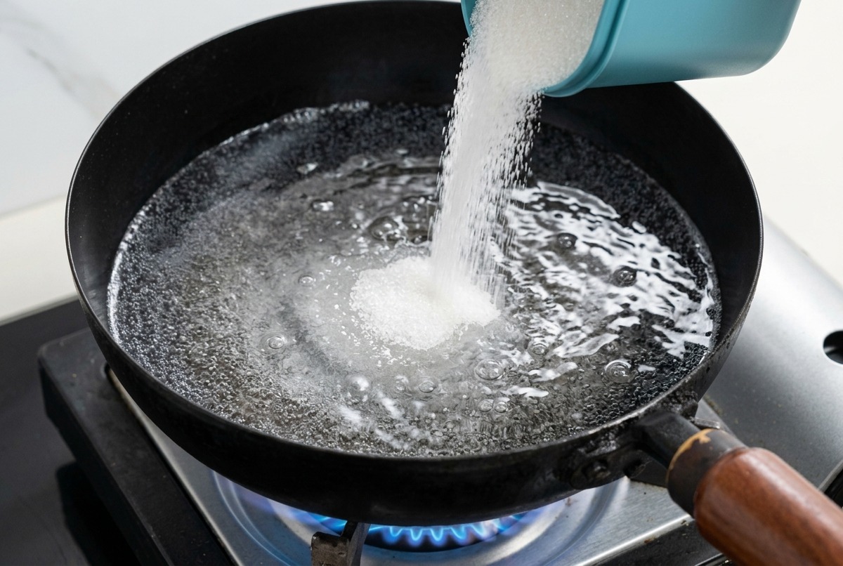 Salz wird aus einem blauen Behälter in eine schwarze Pfanne mit kochendem Wasser geschüttet.