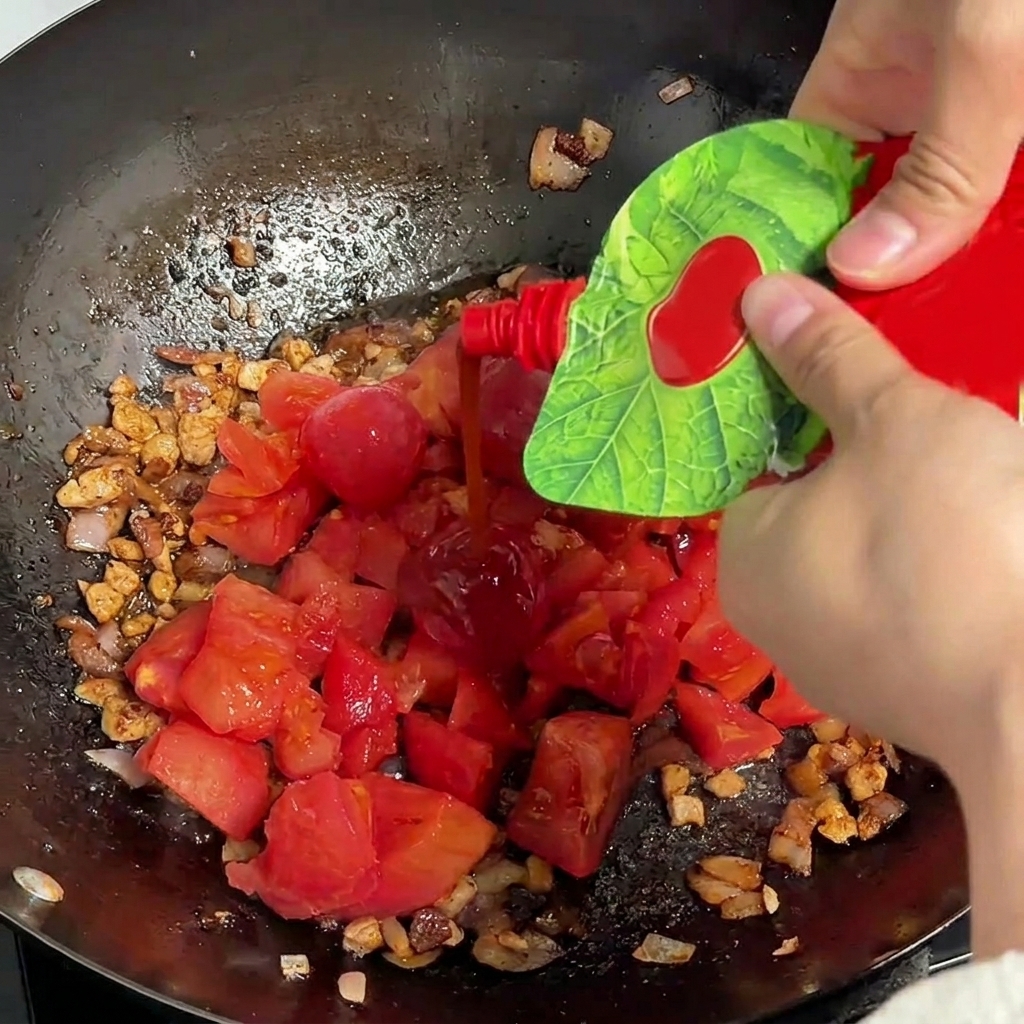 Dickes rotes Tomatenmark wird aus einer Packung in die köchelnde Fleisch-Tomaten-Mischung in einem Wok gedrückt.