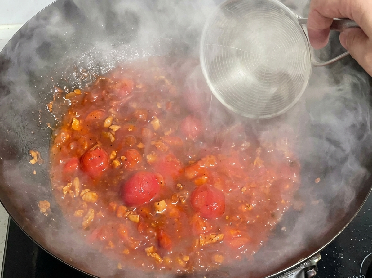 Eine kleine Schüssel Wasser wird in die rote Tomaten-Fleisch-Sauce gegossen, die in einem Wok köchelt.