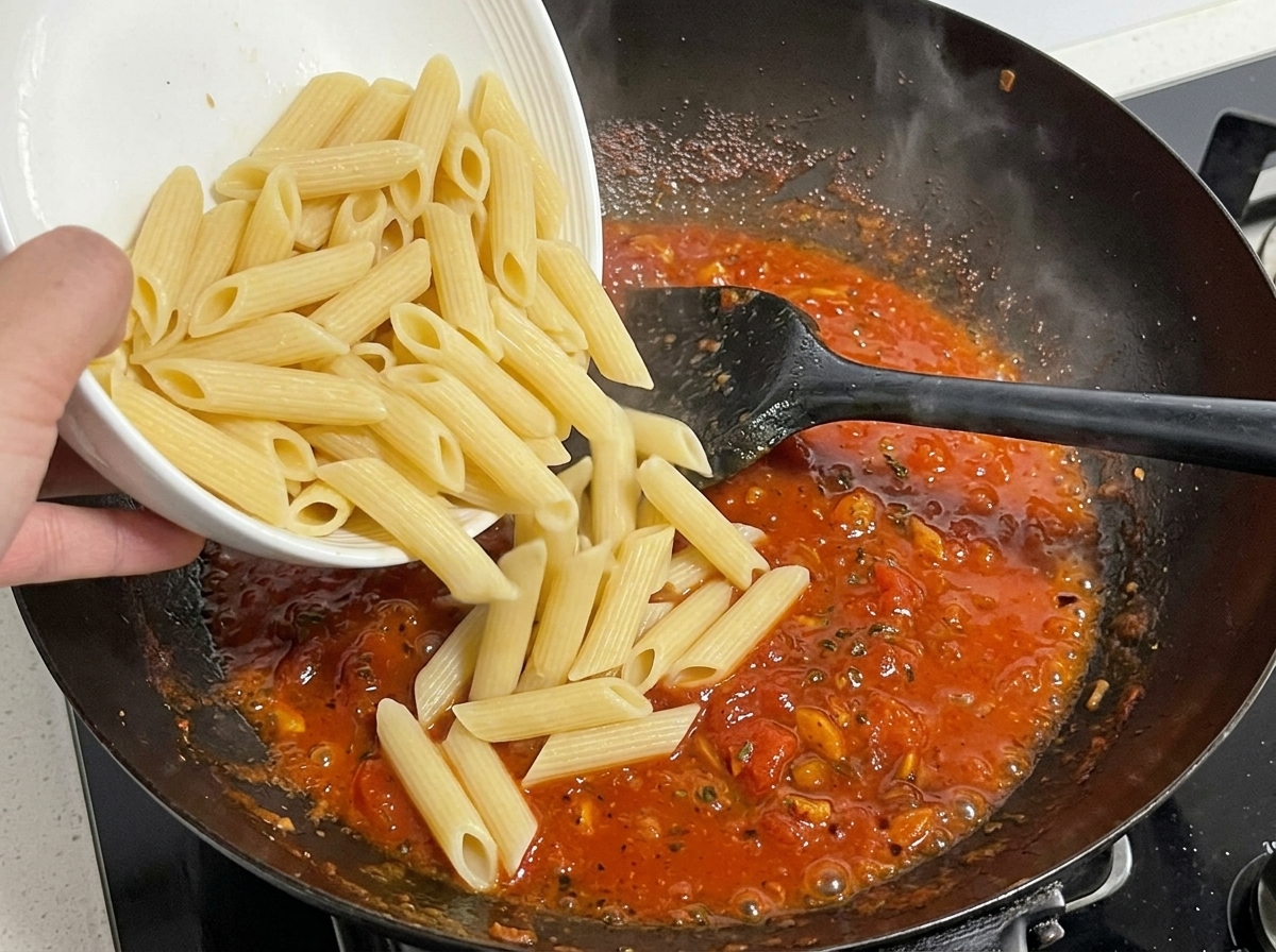 Gekochte Penne werden aus einer weißen Schüssel in die sprudelnde rote Sauce in einem Wok gegossen.