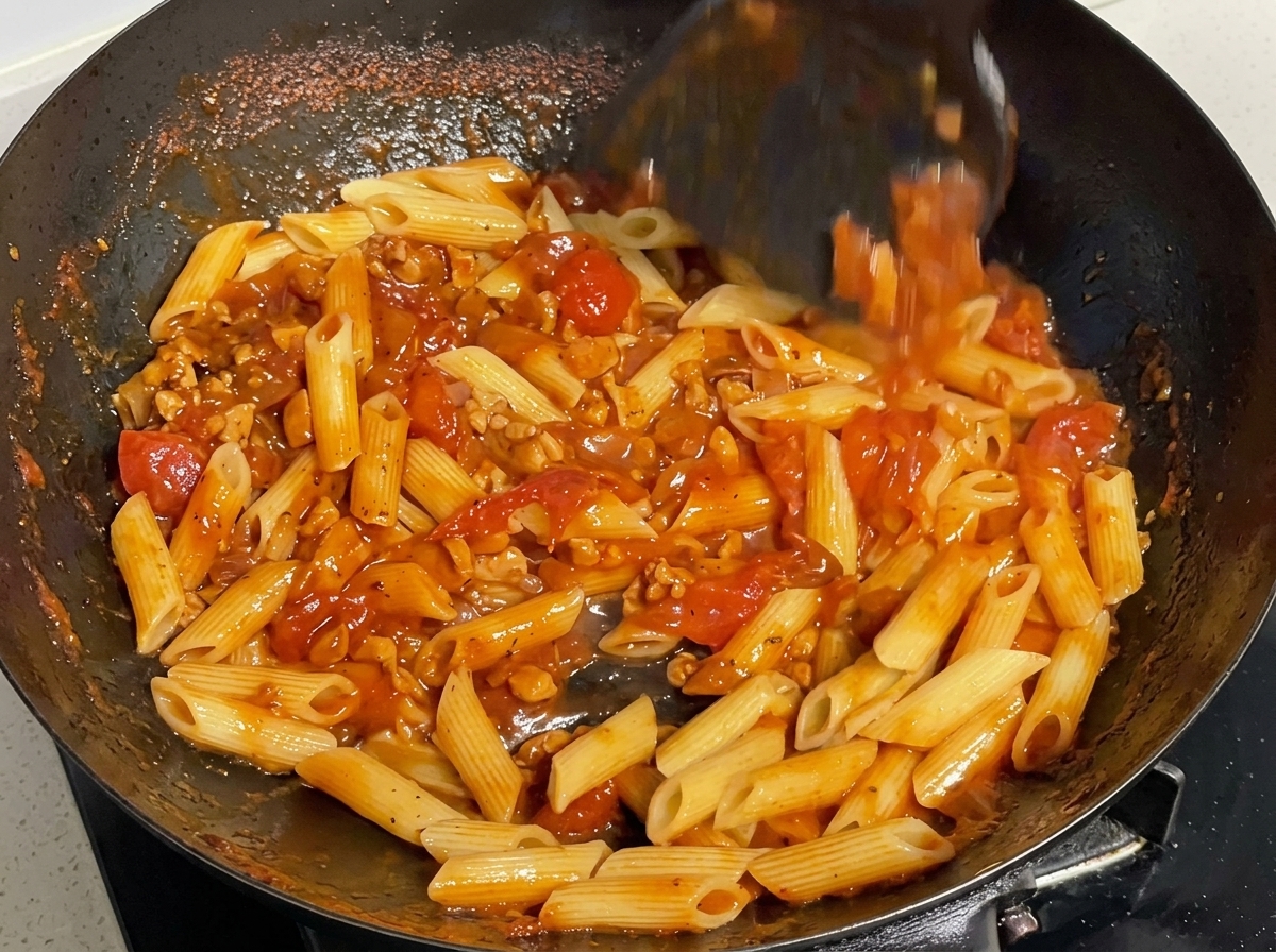 Ein schwarzer Pfannenwender mischt gekochte Nudeln in eine sprudelnde rote Tomaten-Fleisch-Sauce in einem heißen Wok.
