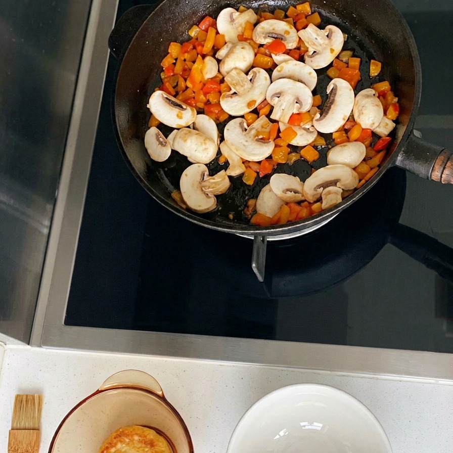 In Scheiben geschnittene weiße Champignons und Gemüsewürfel werden zusammen in einer schwarzen Pfanne angebraten.