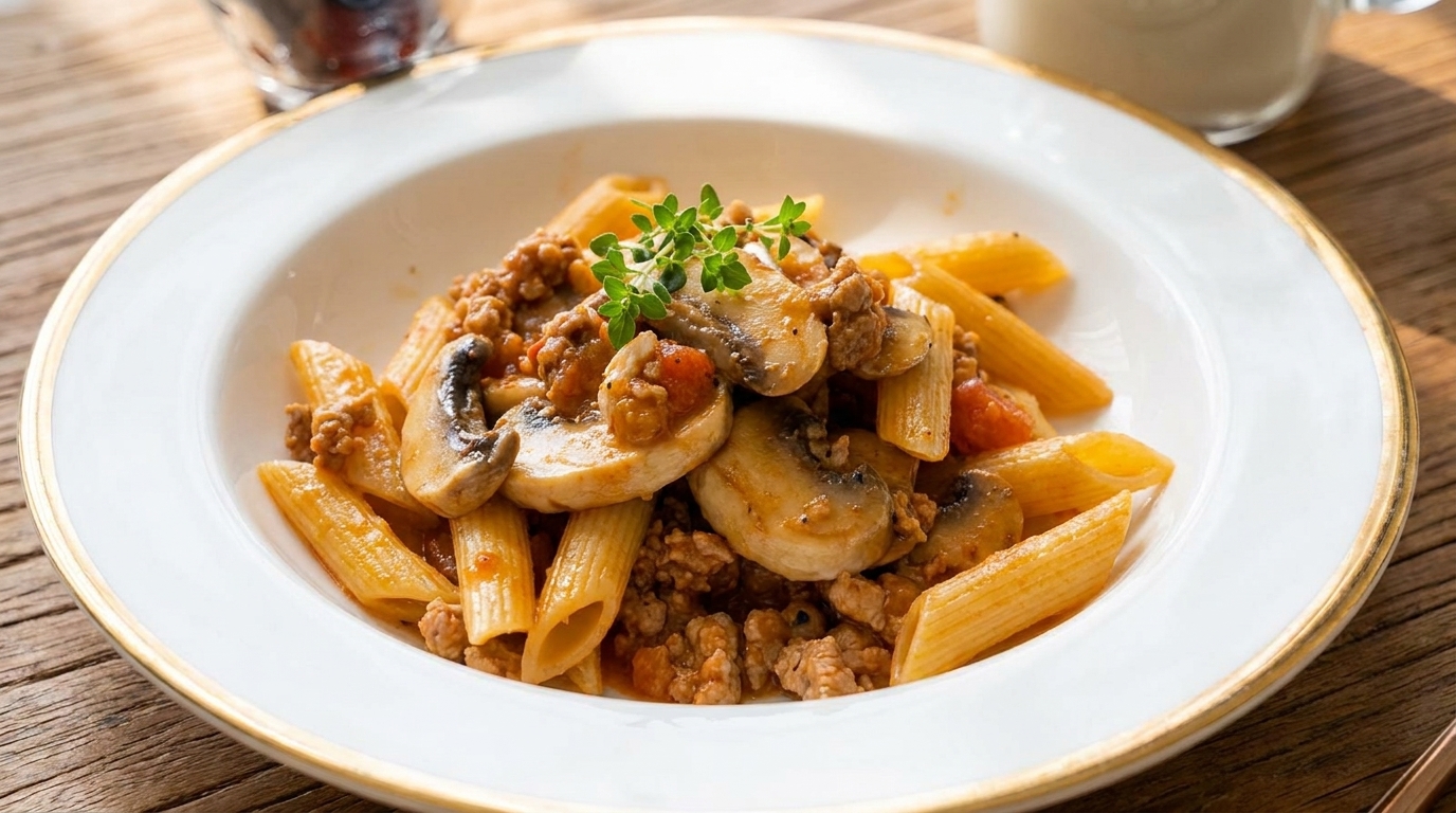 Herzhafte Penne-Bolognese mit Pilzen und Schweinehackfleisch