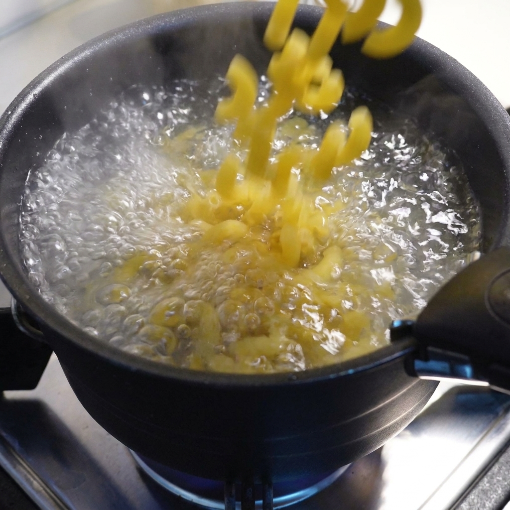 Trockene Makkaroni werden in einen Topf mit kochendem Wasser gegeben.