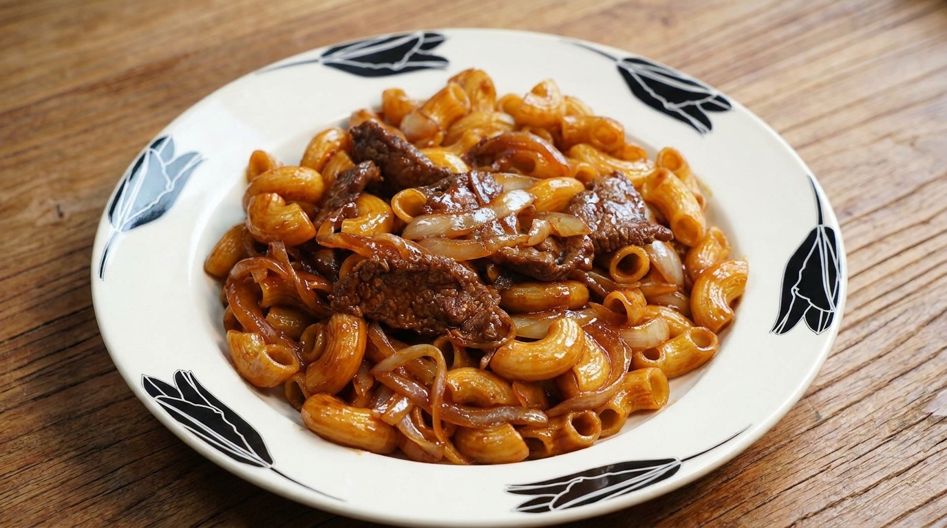 Herzhafte Rinderpfanne mit Makkaroni, perfekt überzogen mit einer reichhaltigen Sojaglasur.