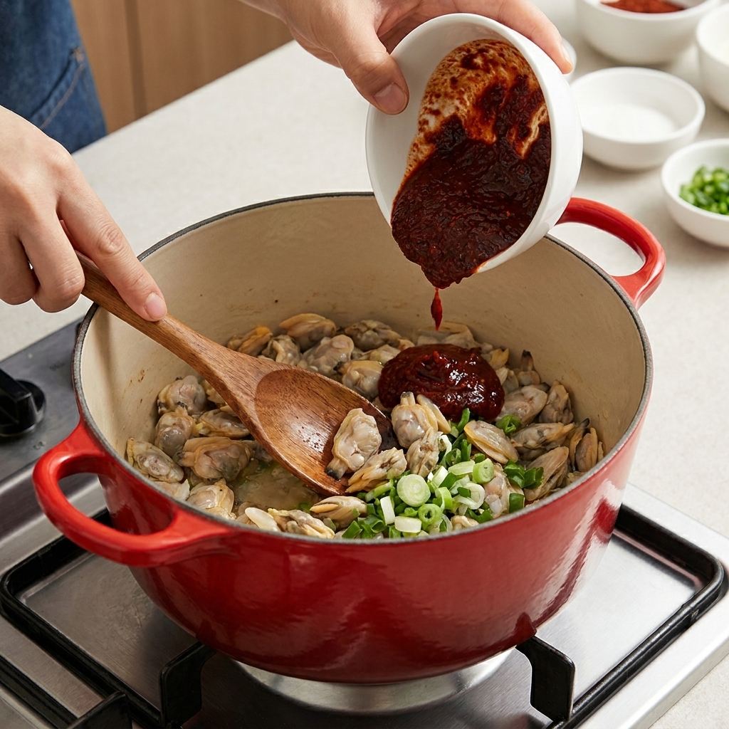 Eine dicke rote und braune Pastenmischung wird in den Topf mit Muscheln und Frühlingszwiebeln gegeben.