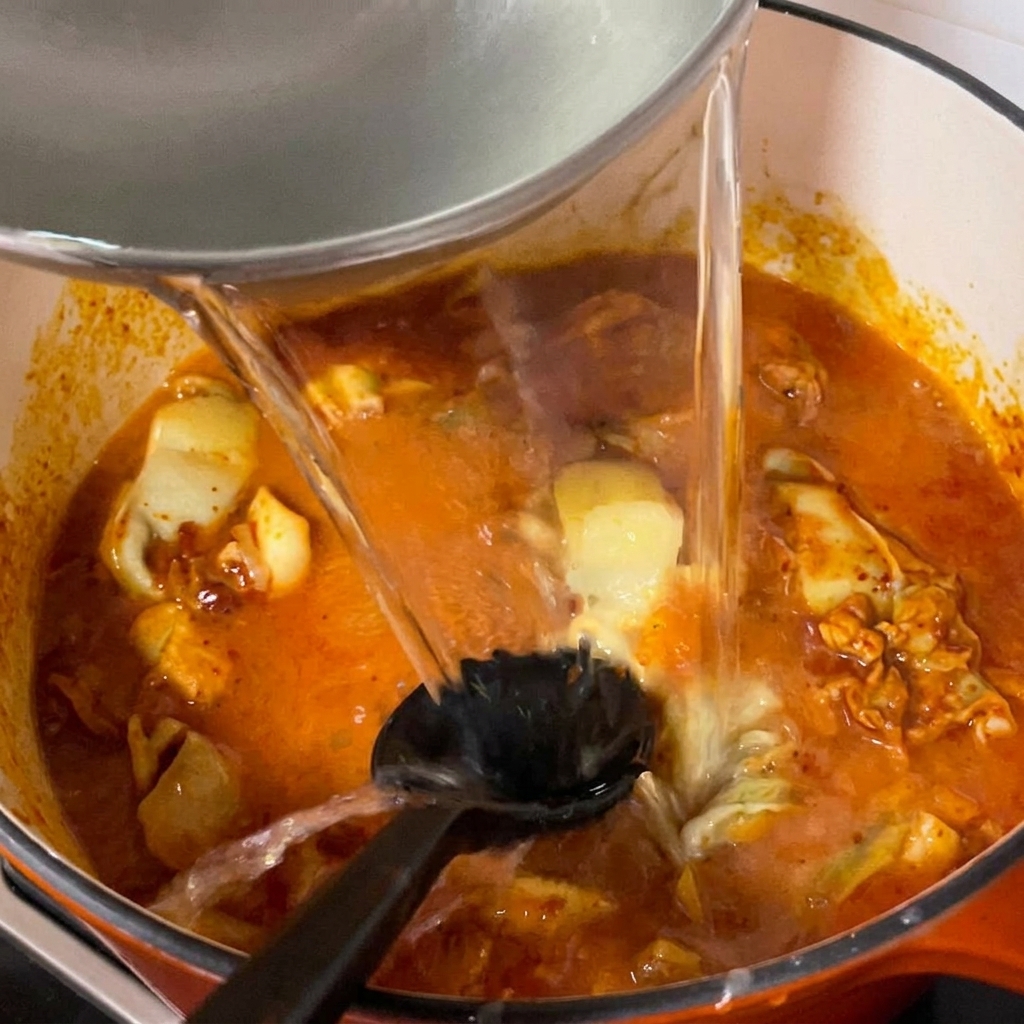 Klares Wasser wird in einen Topf mit Muscheln und scharfer Paste gegossen.