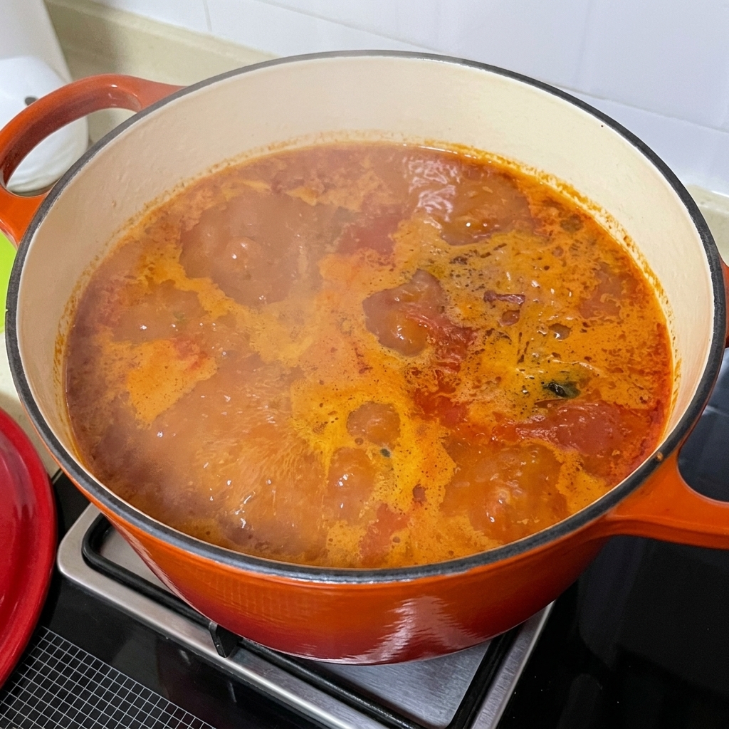 Frisch geschnittene Kartoffelscheiben werden zur sprudelnden scharfen Muschelsuppe hinzugefügt.