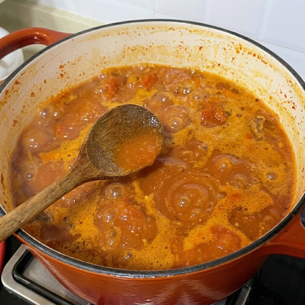 Gehackter Knoblauch und helle Sojasauce werden in die reichhaltige, rote Muschelsuppe gerührt.
