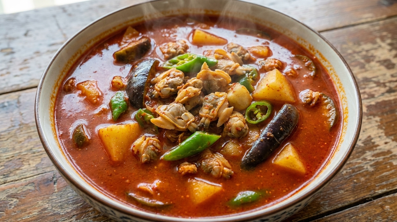 Eine dampfende Schüssel mit leuchtend roter, pikanter Muschelsuppe, gefüllt mit Muschelfleisch, Kartoffelscheiben und Auberginenstücken.