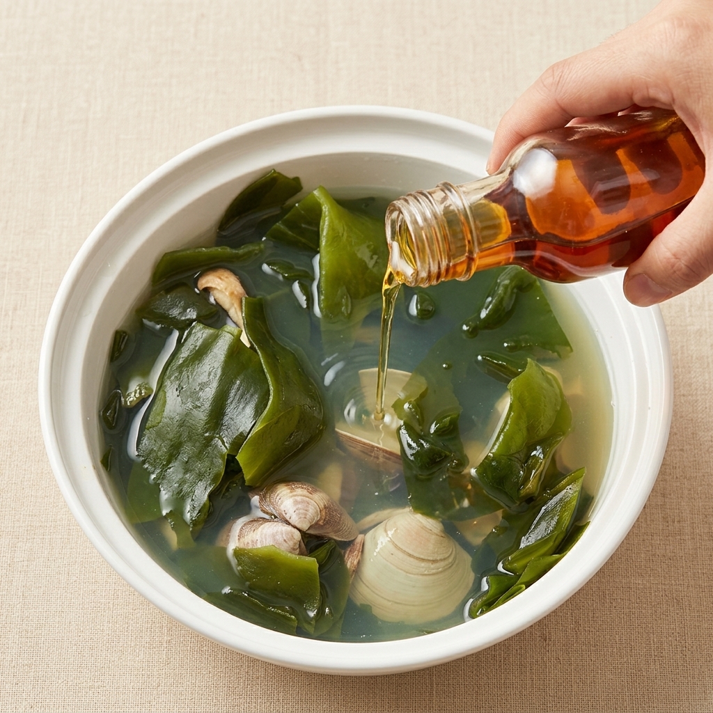 Eine klare, aromatische Muschel-Algen-Suppe wird mit ein paar Tropfen goldenem Sesamöl verfeinert.