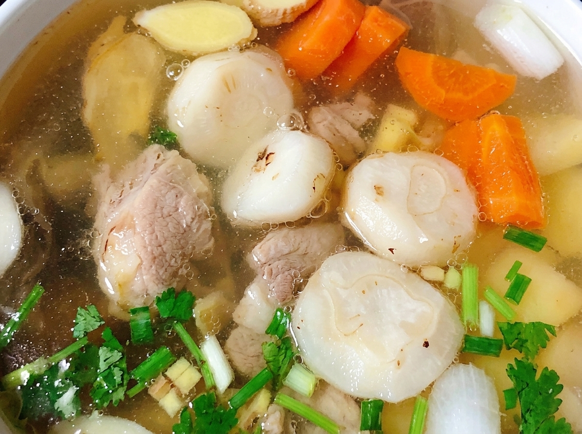 Ein Topf mit köchelnder Hühnersuppe mit Karotten, Kartoffeln und Wasserkastanien.