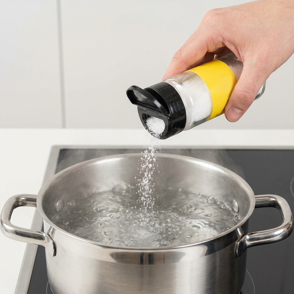 Nahaufnahme einer Hand, die Salz in einen Topf mit kochendem Wasser auf dem Herd streut.