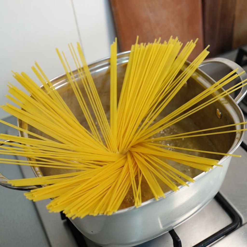 Trockene Spaghetti-Nudeln, die aufgefächert in einen Topf mit kochendem Wasser getaucht werden.
