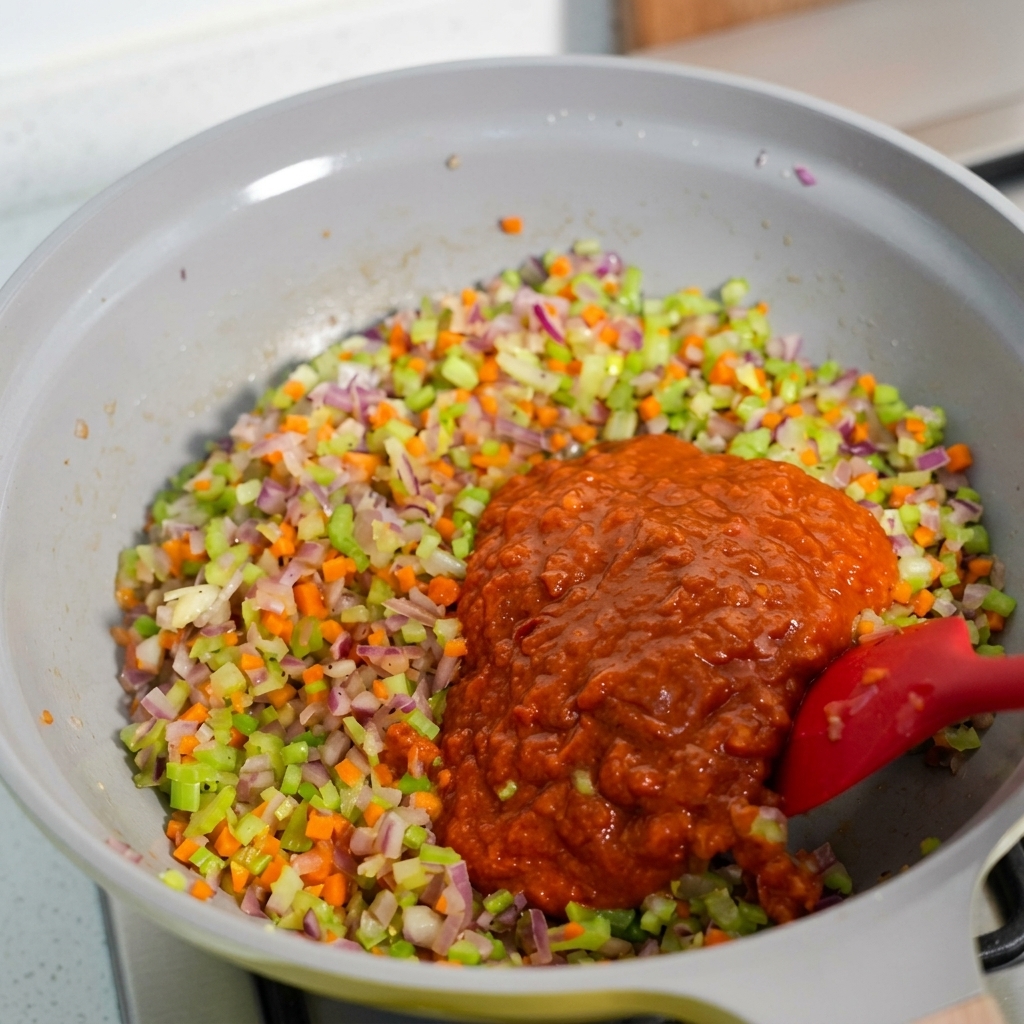 Tomatensauce wird in eine Pfanne mit angebratenem Gemüse gegossen.