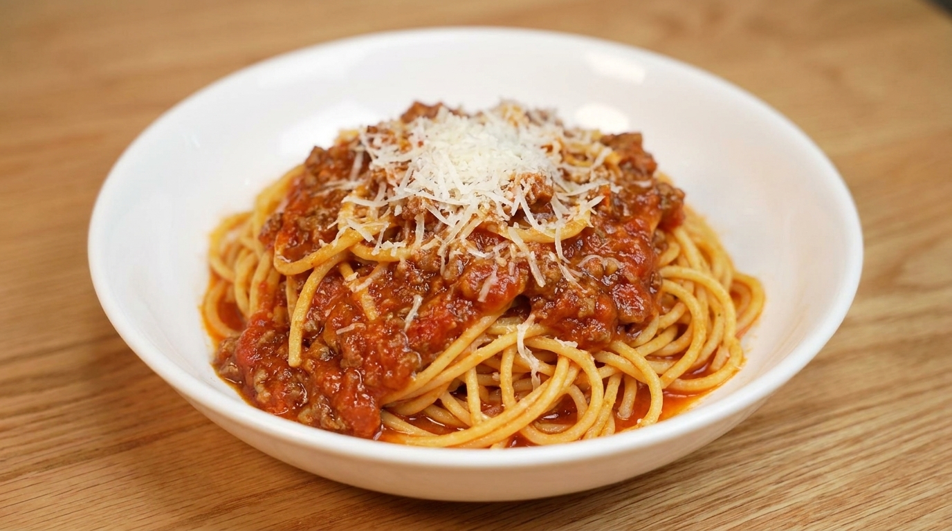 Eine herzhafte Schüssel Spaghetti, gekrönt von einer reichhaltigen, stückigen Tomaten-Hackfleisch-Sauce und frisch geriebenem Parmesan.