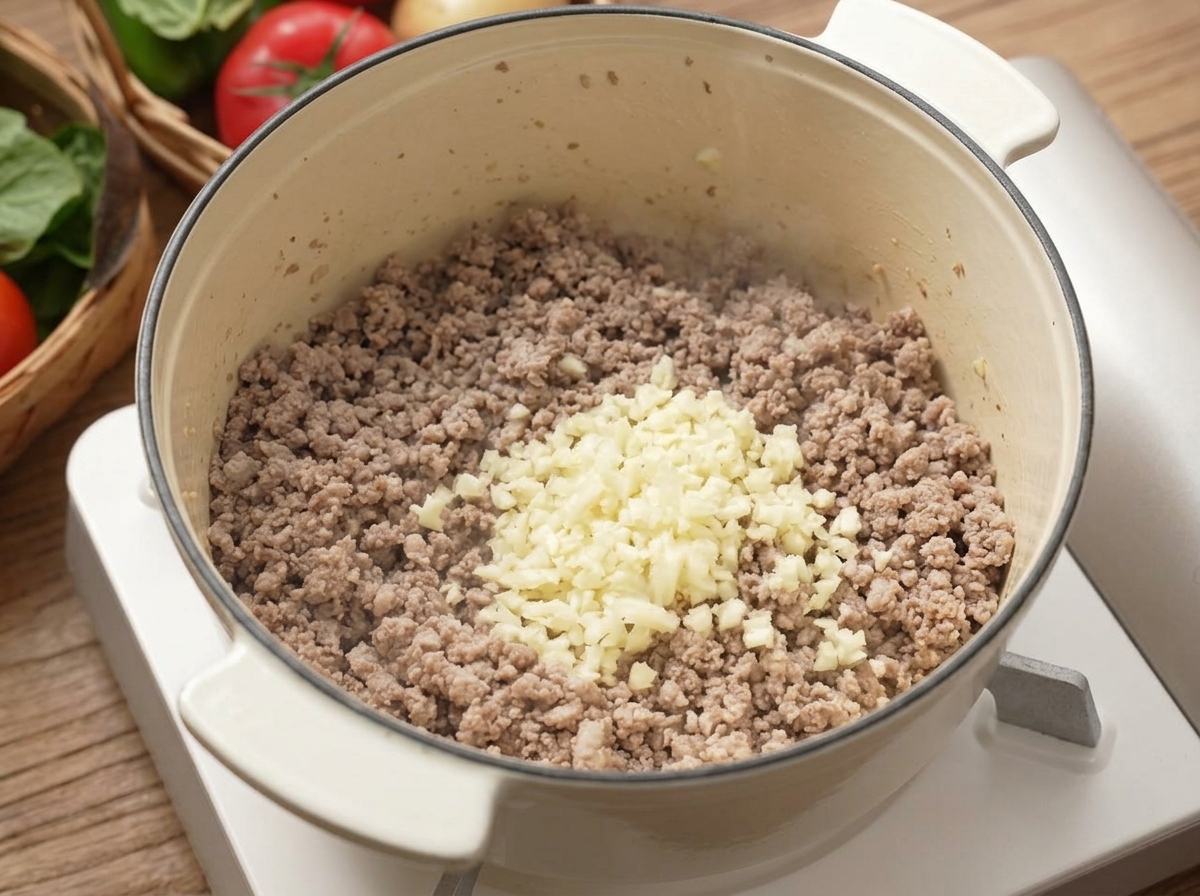 Gehackter Knoblauch wird über dem gebräunten Fleisch in den Topf gegeben.