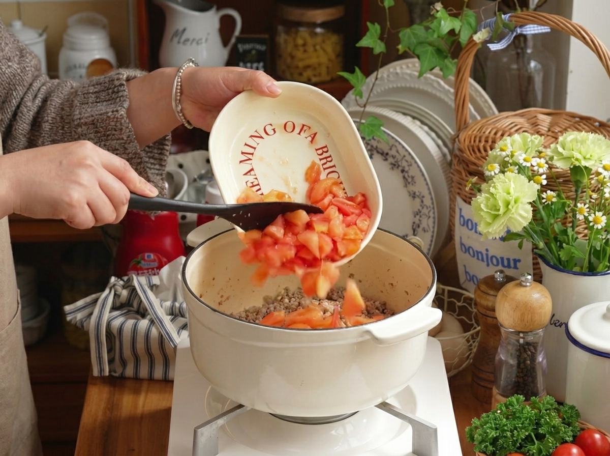 Frische gewürfelte Tomaten werden zum gebratenen Fleisch in den Topf gegeben.