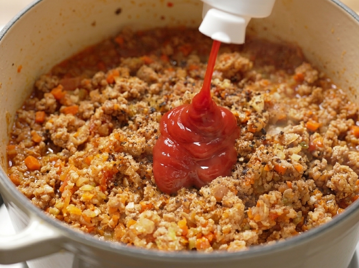 Ketchup wird zum Fleisch gegeben, bereits mit schwarzem Pfeffer gewürzt.